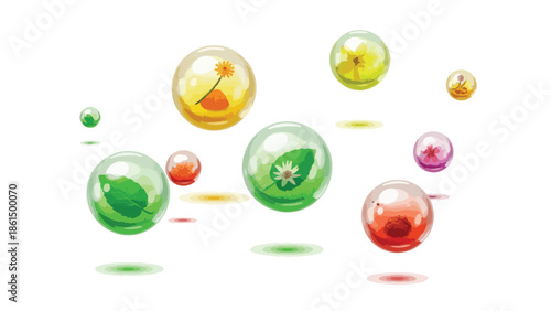 Vibrant organic elements encapsulated in ethereal floating spheres against a pristine white background