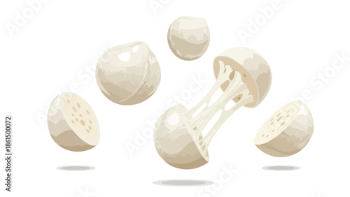 Captivating illustration of delectable mozzarella cheese, showcasing its pure white, spherical form and signature elastic stretch, ideal for