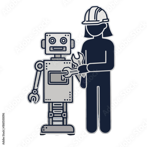 Technician figure holding a wrench next to a robot icon, isolated on a white background for service graphics.