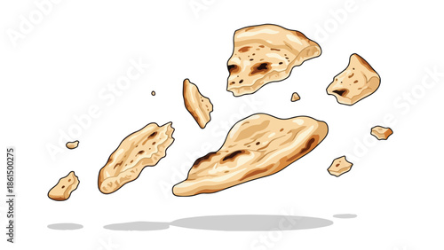 Dynamic digital artwork showcasing savory golden flatbread pieces and scattered crumbs levitating gracefully above soft shadows on a clean white