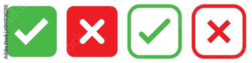 Set green approval check mark and red cross icons in circle and square, checklist signs, flat checkmark approval badge, isolated tick symbols