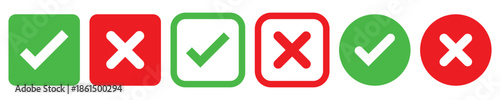 Set green approval check mark and red cross icons in circle and square, checklist signs, flat checkmark approval badge, isolated tick symbols