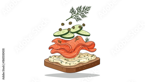 Gourmet open-faced sandwich with fresh salmon, crisp cucumber, fragrant dill, and savory capers on dark bread with creamy spread a balanced healthy