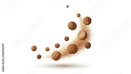 A beautiful dynamic culinary illustration showcases whole nutmeg seeds and fine ground spice swirling in an elegant curve, perfect for food and