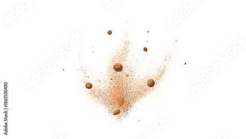 A vivid abstract burst of brown granular matter and various sized particles in dynamic upward motion, creating an energetic display of textural