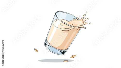 A dynamic, clean vector illustration capturing a refreshing plant-based milk alternative splashing excitedly from a glass, with several scattered