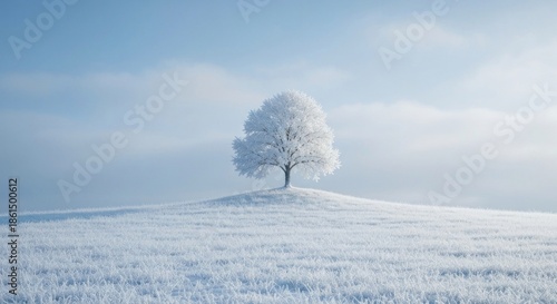 A solitary, frost-covered tree stands on a snow-dusted hill under a bright, cloudy sky