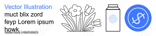 Sustainable living, financial growth, eco-awareness, nature, dairy products, budgeting. Doodles of flowers, a milk carton and a financial symbol. Eco-awareness and financial growth-themed design