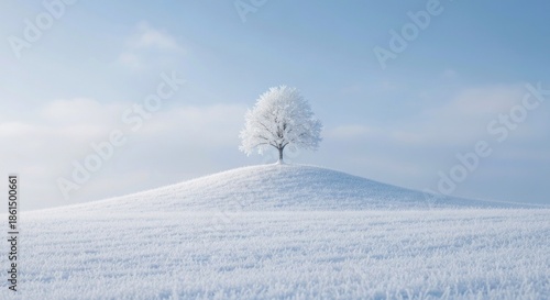 A solitary frosted tree stands atop a snow-covered hill under a pale, serene sky