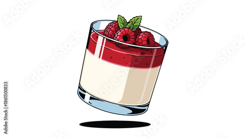 Refreshing layered dessert illustration with creamy base, vibrant raspberry topping, fresh mint leaves, and ripe berries in a clear glass, offering