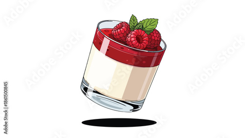 Visually appealing illustration of a gourmet raspberry dessert, featuring creamy layers and vibrant fruit toppings with fresh mint, presented in a