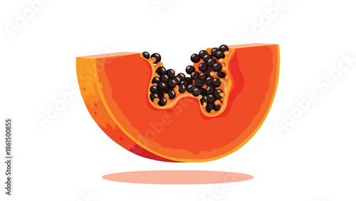 A vibrant, freshly cut tropical papaya fruit slice, revealing its juicy orange flesh and numerous healthy black seeds, perfect for healthy eating.