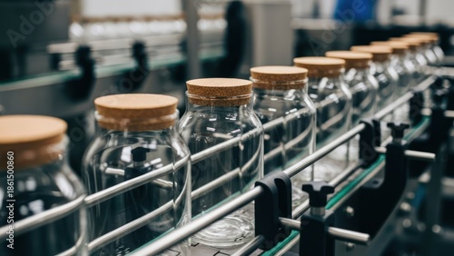 A line of glass jars with cork lids moves along an automated production line