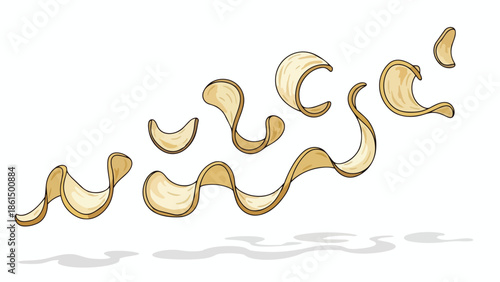 Crispy golden snack waves, delightfully illustrated as light potato slices dance through the air, casting soft shadows on a clean white background