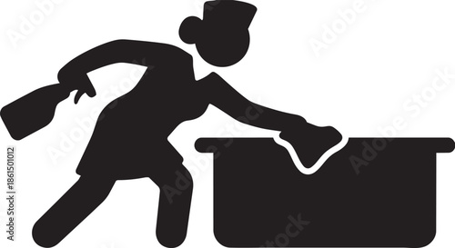 Female janitor cleaning counter surface with spray bottle and cloth for hygiene maintenance