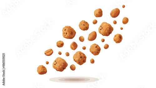 An artistic illustration of golden-brown cookie crumbles and crunchy baked treats dramatically scattered and suspended in mid-air an ideal visual