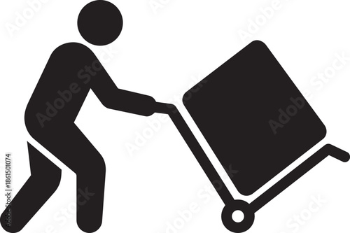 A silhouette of person pushing hand truck with box representing delivery or moving service