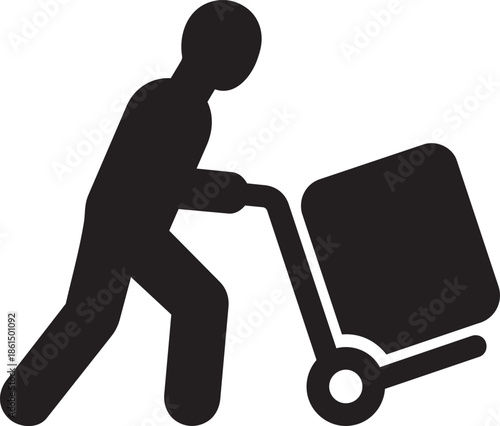 A silhouette of person pushing hand truck with box representing delivery or moving service