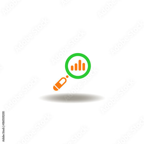 Vector illustration of magnifying glass with graph. Symbol of research. Icon of trend market analysis.