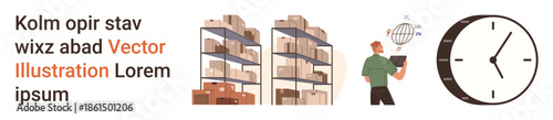 Logistics, time management, inventory tracking, supply chain, warehouse management, e-commerce operations. Stacked shelves with boxes, person using tablet clock. Logistics and time management