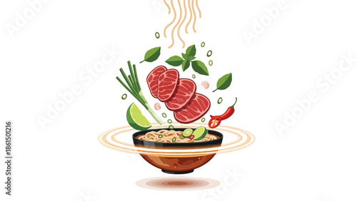 Fresh culinary elements artfully descending into a rich noodle bowl creating a vibrant visual feast for the senses ready to be savored with