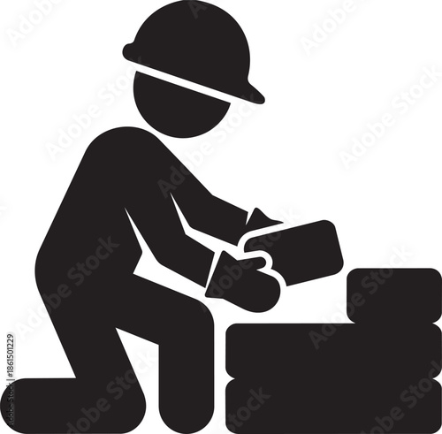Builder laying bricks with trowel and helmet on transparent checkered background