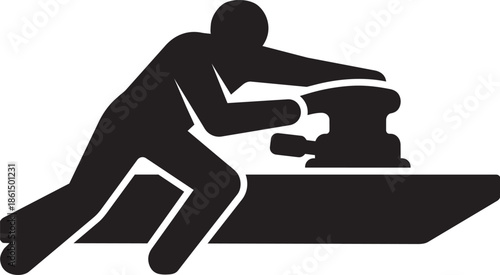 Carpenter using power sander machine on wood plank for professional timber surface finishing