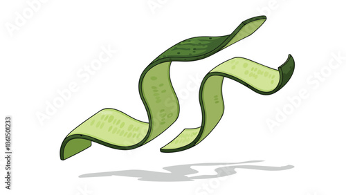Dynamic green cucumber peels gracefully floating and curling elegantly on a pristine white background, casting soft shadows beneath, symbolizing