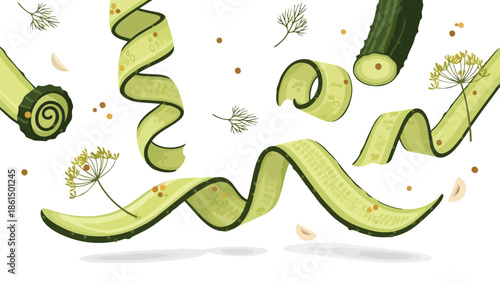 Dynamic composition of fresh cucumber ribbons with aromatic dill and garlic enhancing vibrant culinary preparation