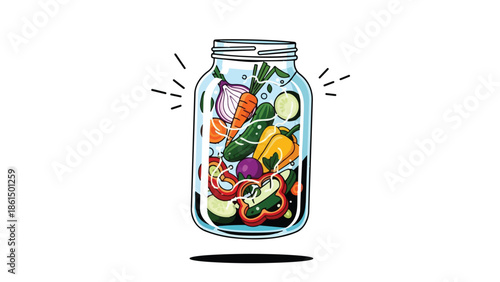 Vibrant vegetable medley in clear jar, showcasing fresh ingredients for healthy culinary creations and preserving
