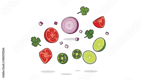 Dynamic composition of fresh, sliced vibrant ingredients like tomatoes, onions, limes, and cilantro, artfully suspended in motion for a healthy