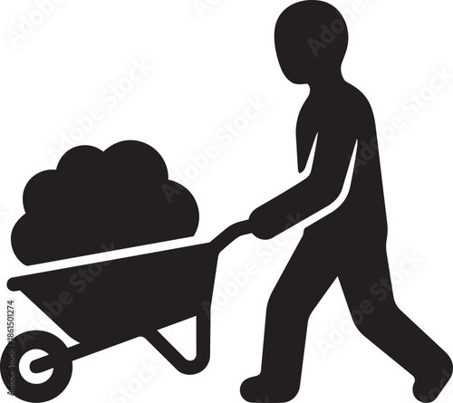 Construction worker pushing heavily loaded wheelbarrow full of soil or building material outdoors