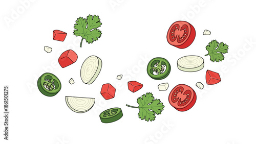 Vibrant food illustration showcasing fresh ingredients like diced tomatoes, sliced onions, green jalapenos, and aromatic cilantro, essential for