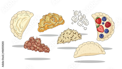 An illustrative collection of diverse food elements showcasing various culinary textures and preparations from savory dough to sweet fruit tarts and