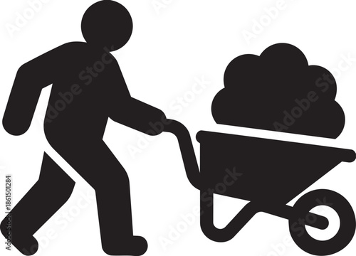 Construction worker pushing wheelbarrow full of soil on transparent checkered background