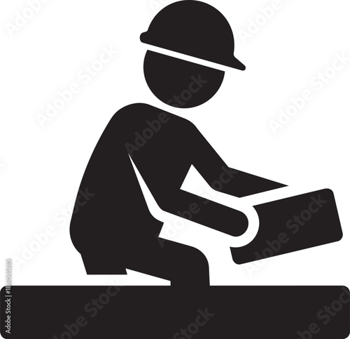 Construction worker with hard hat placing bricks on wall isolated vector silhouette icon set