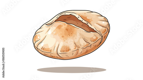 A fresh, vibrant, golden-brown pita bread illustration, skillfully depicted with its characteristic open pocket, awaiting delicious culinary