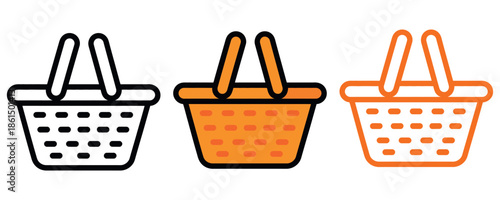 Shopping basket icon set in outline and filled styles for e-commerce and retail design