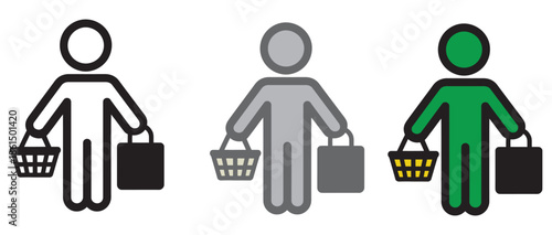 Shopper icon set featuring three distinct color variations of a person with basket and bag