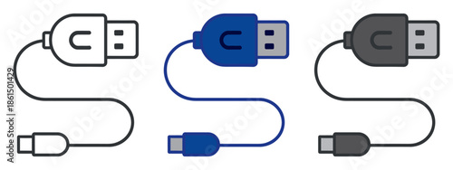 Set of usb-c to usb-a adapter cable icons in outline, blue, and gray styles