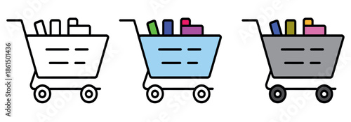 Three shopping cart icons in various styles: outline, light blue, and grey filled with goods