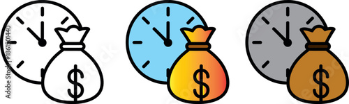 Time and money management concept with a clock and dollar bag icon set for financial planning