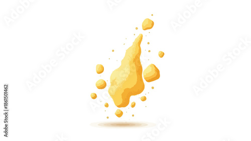 Abstract golden explosion of fluid with floating irregular particles isolated on a clean white background, depicting kinetic energy and organic