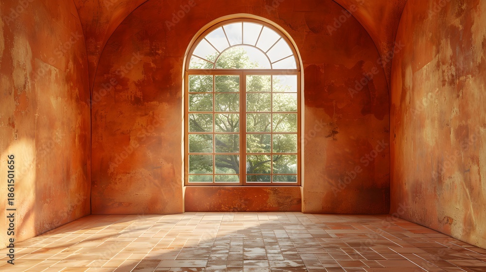 Obraz premium Empty Rustic Room with Large Arched Window and Sunlit Tree Outside