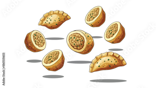 Golden savory pastries and stuffed potato balls, an illustrative culinary ensemble.