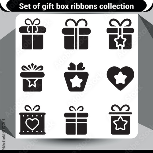 Elegant set of gift box icons featuring ribbons, stars, and hearts for celebrations