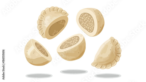 Stylized illustration of several traditional dumplings, featuring both intact and halved forms, revealing intricate flavorful fillings, rendered