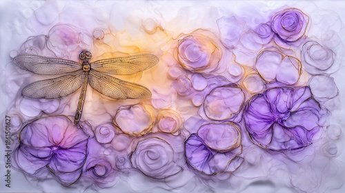   A group of dragonflies perched atop a field of purple and yellow flowers, adjacent to a white wall