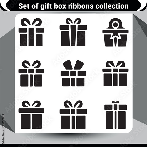 elegant black gift box icons with various ribbon and bow designs