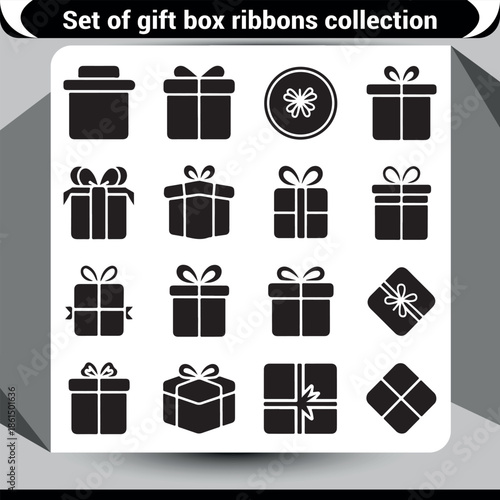 Collection of black silhouette gift box icons with various ribbon designs